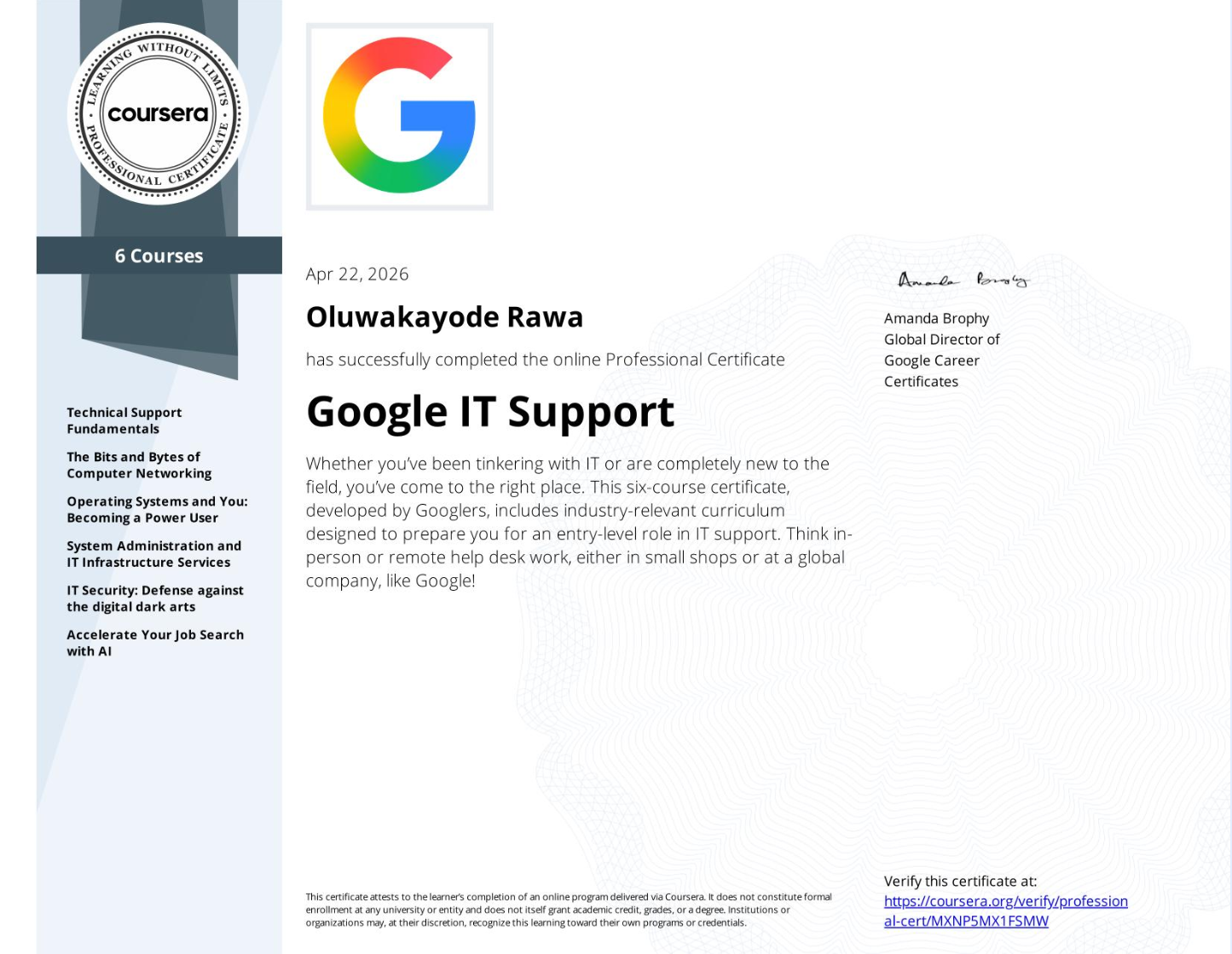 Google IT Support Professional Certificate